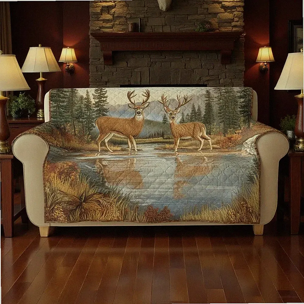Deer Hunting Quilted Sofa Cover Rustic Farmhouse Holiday Living Room Protector