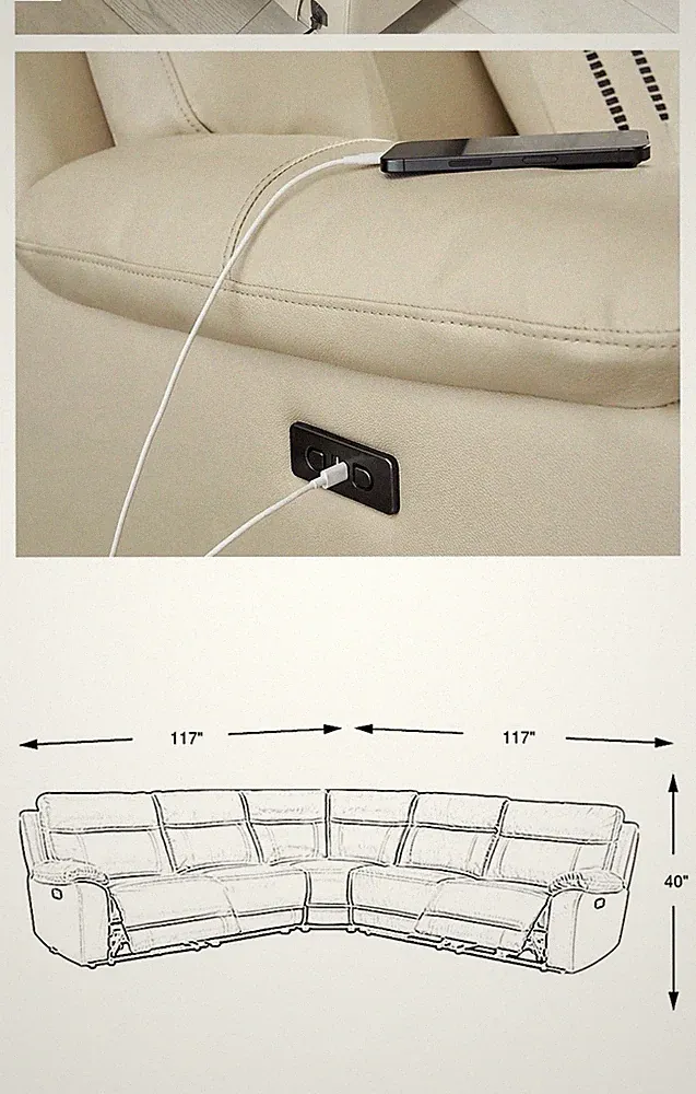 delaney Beige Leather Sectional Sofa Reclining USB Charging Port 117x117x40