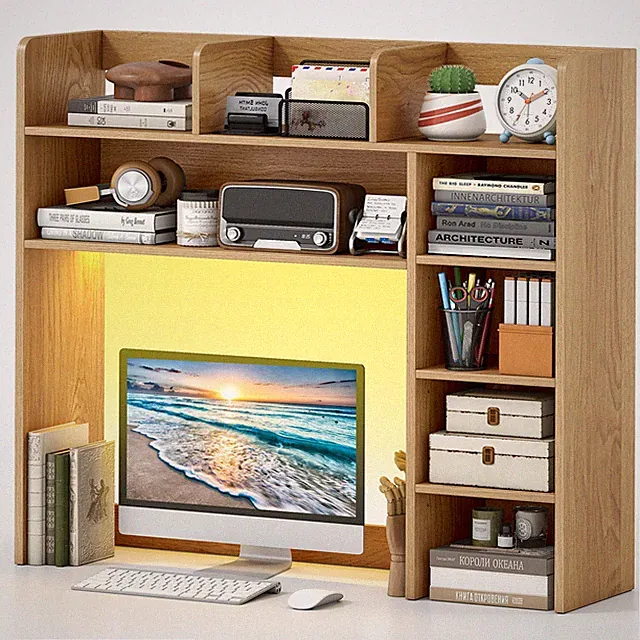 Desktop Bookshelf with LED Lights, Wooden Desktop Bookcase for Home Office Study