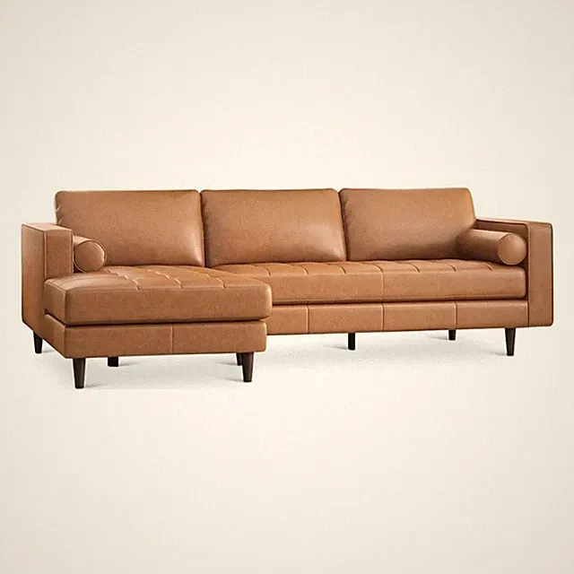 Desmond Cognac Tan Leather Living Room Tufted Left Faced Corner Sectional Sofa