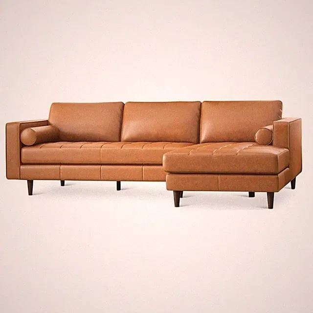 Desmond Cognac Tan Leather Living Room Tufted Right Faced Corner Sectional Sofa