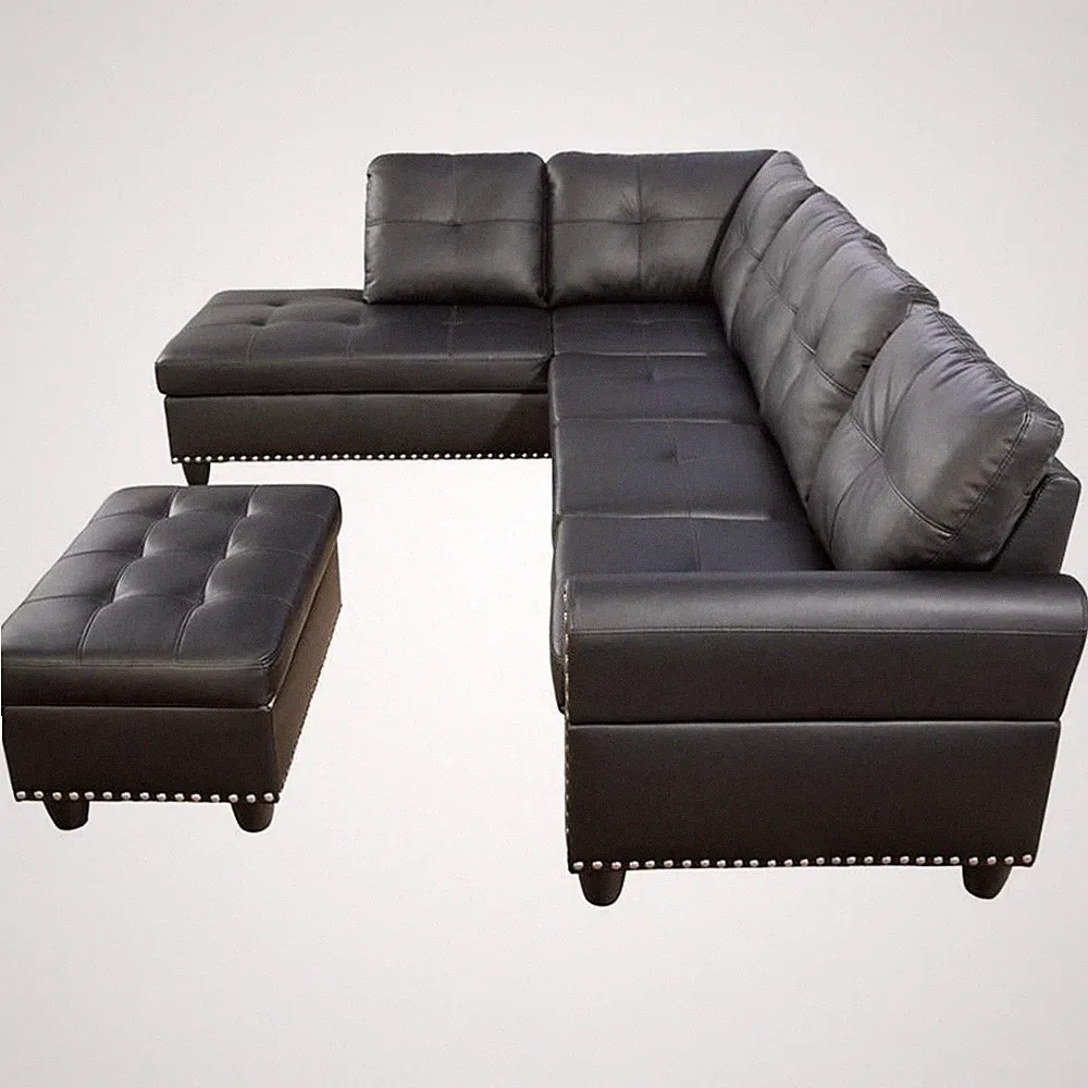 Devion Furniture Faux Leather Sectional Sofa with Ottoman-Black