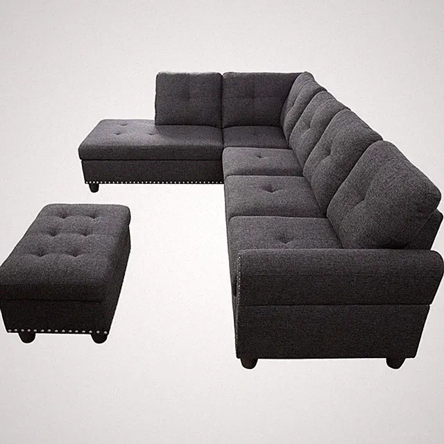 Devion Furniture Polyester Fabric Sectional Sofa with Ottoman-Dark Gray