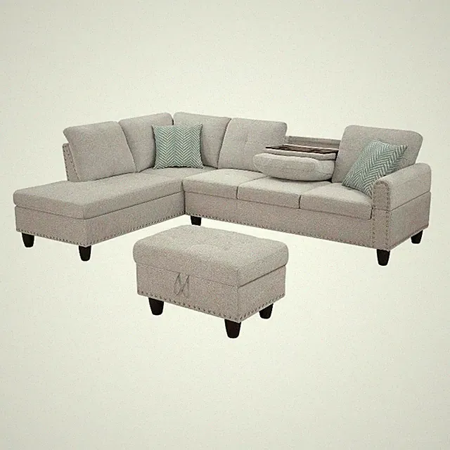 Devion Furniture Polyester Fabric Sectional Sofa with Ottoman-Light Gray