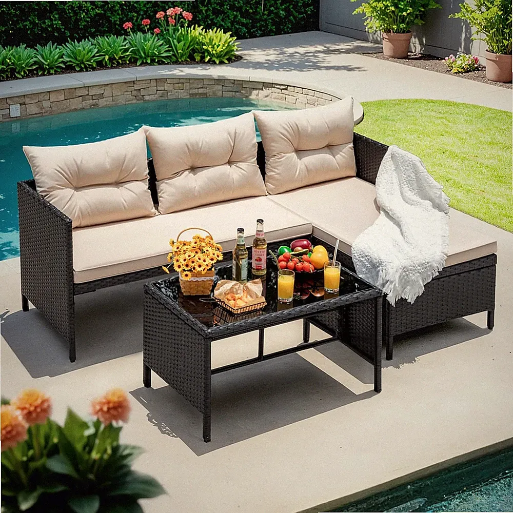 Devoko Outdoor Patio Furniture 3-Piece Rattan Waterproof Outdoor Sectional Sofa
