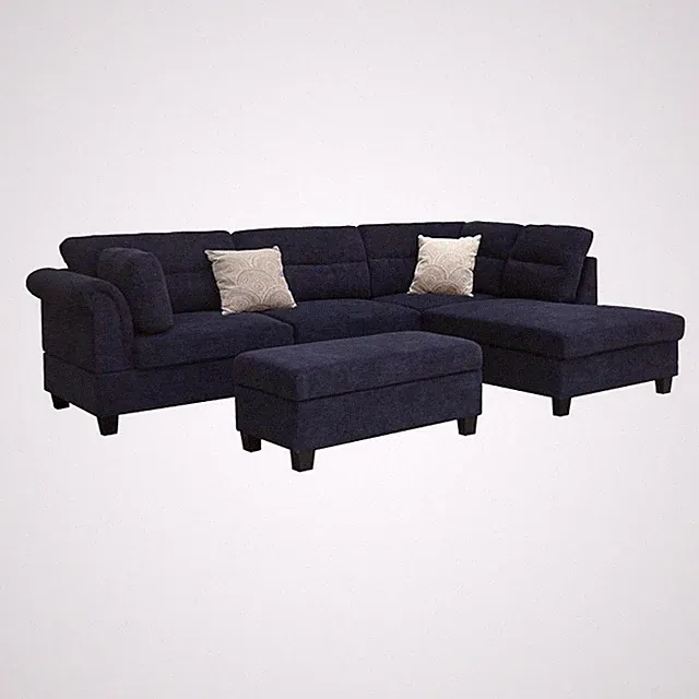 Diego 100"W Black Fabric Sectional Sofa w/RF Chaise+Storage Ottoman+2 Pillows