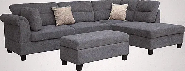Diego 100"W Gray Fabric Sectional Sofa w/RF Chaise+Storage Ottoman+2 Pillows