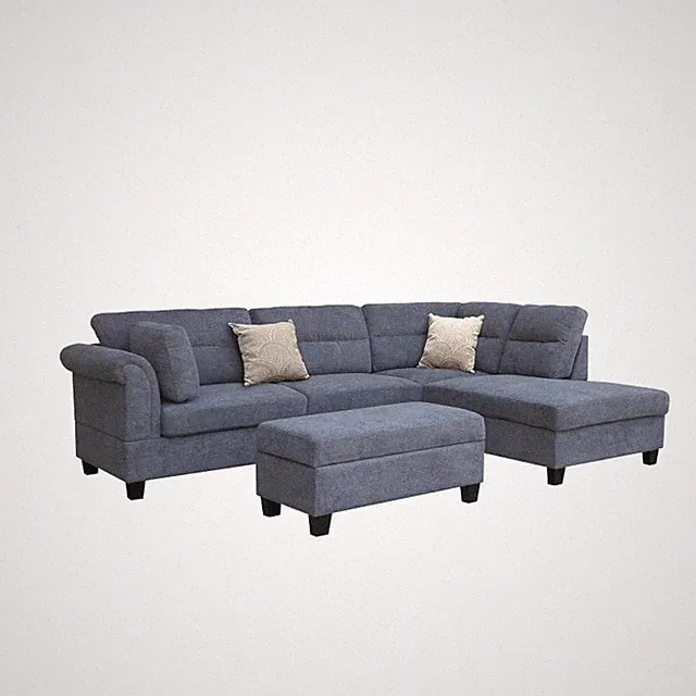Diego 100"W Gray Fabric Sectional Sofa w/RF Chaise+Storage Ottoman+2 Pillows