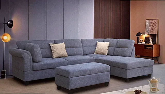 Diego 100"W Gray Fabric Sectional Sofa with Right Facing Chaise, Storage Ottoman