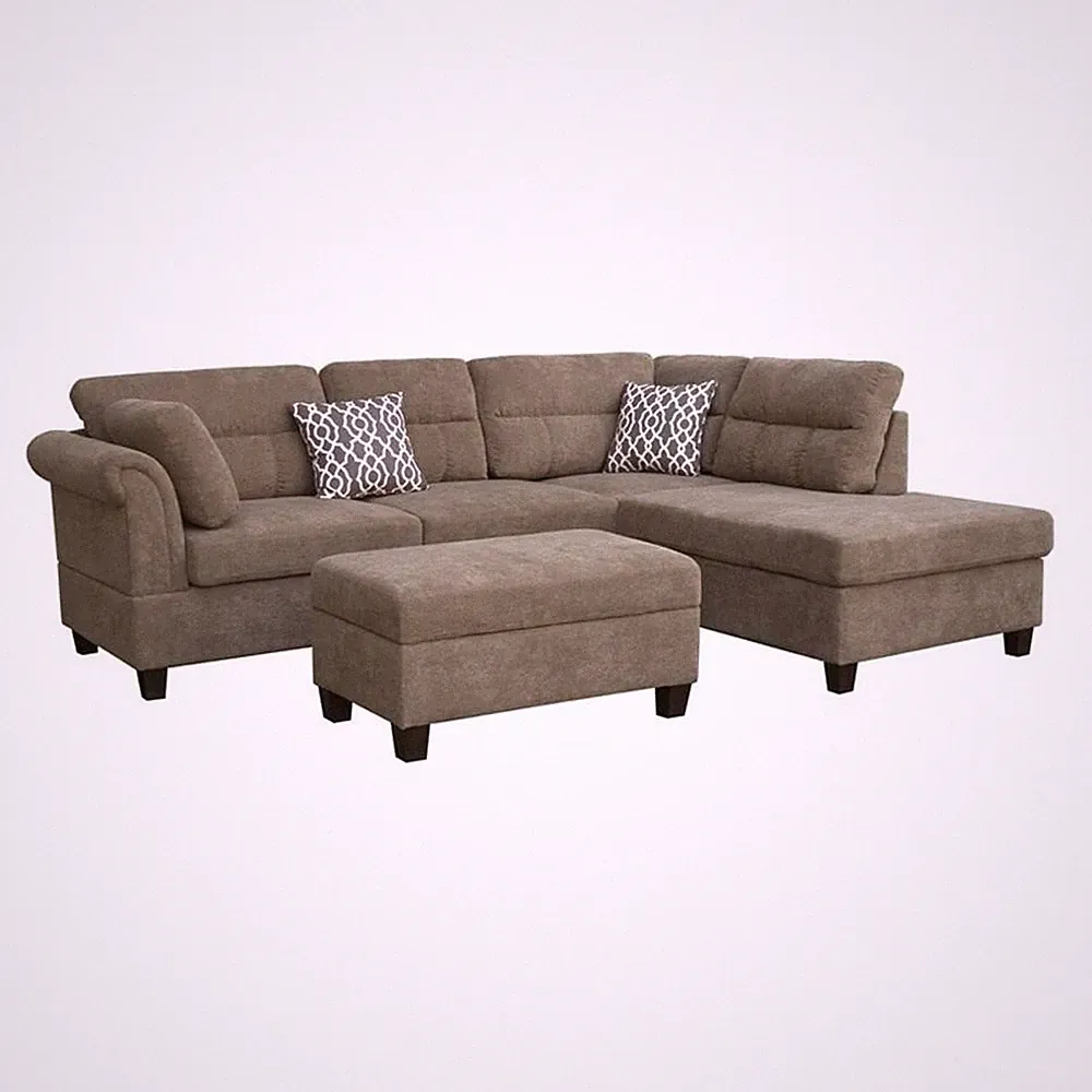 Diego Brown Fabric Sectional Right Facing Chaise Storage Ottoman 2 Throw Pillows