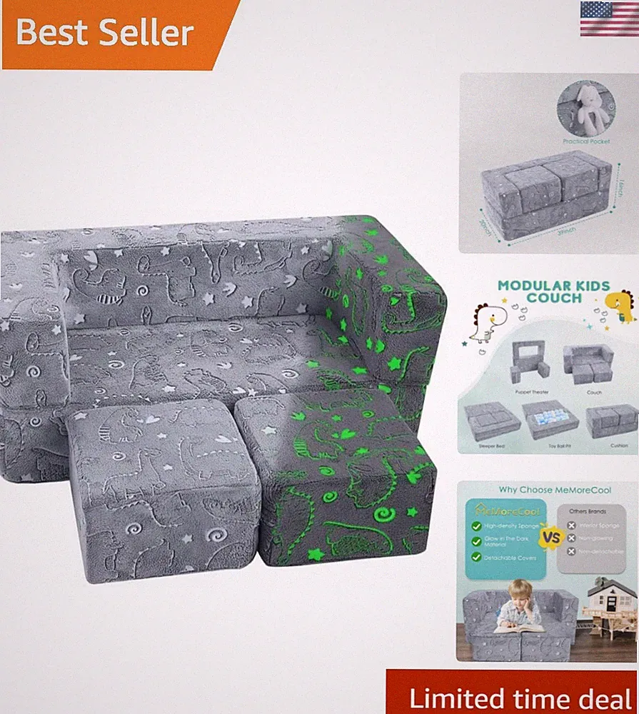 Dinosaur Glow Foam Kids Play Couch Set, Gray Modular Sofa & Lounger – Glow-Af...