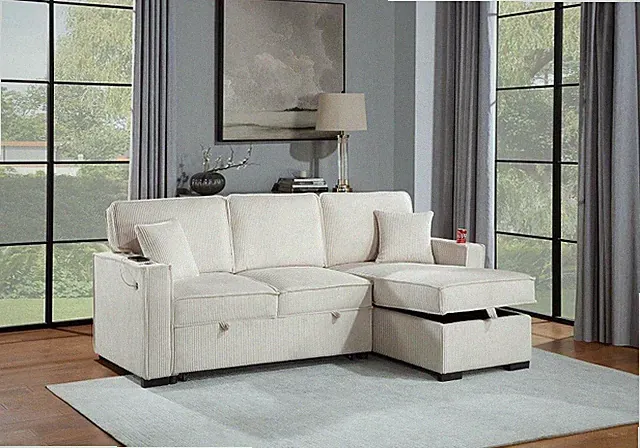 Diss Beige Corduroy Convertible Sectional with Storage, USB & Cup Holders