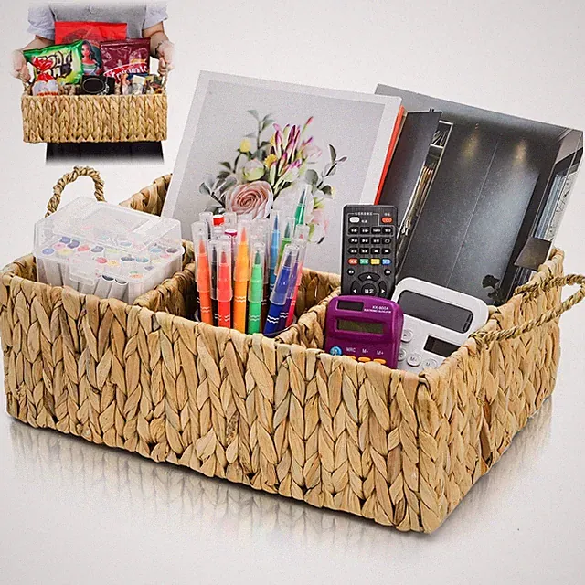 Divided Water Hyacinth Storage Basket, 4 Section Natural Wicker Storage Bin,...