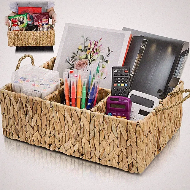 Divided Water Hyacinth Storage Basket, 4 Section Natural Wicker Storage Bin,...