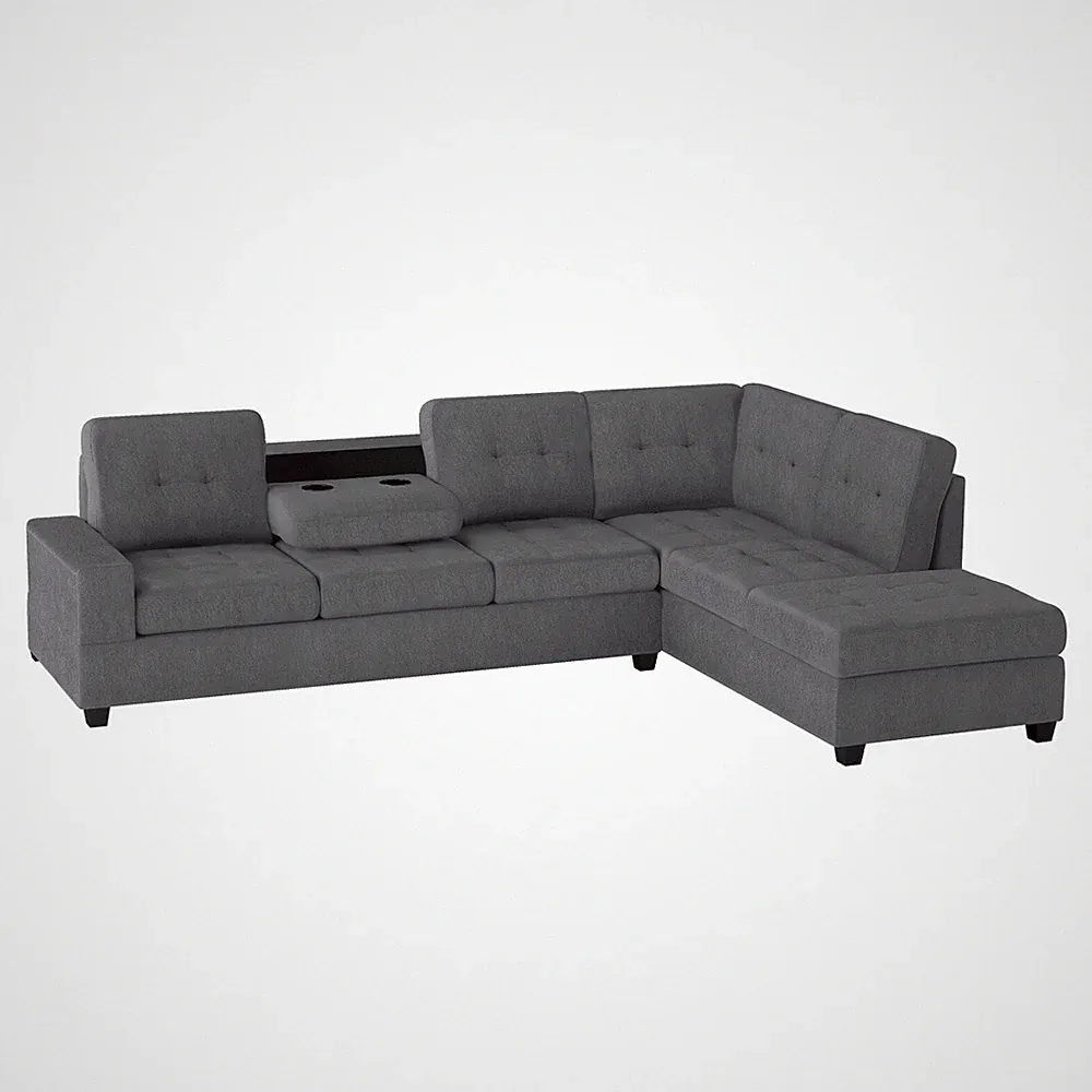 DK GRAY REVERSIBLE CHAISE SOFA SECTIONAL & DROP DOWN TABLE LIVING ROOM FURNITURE