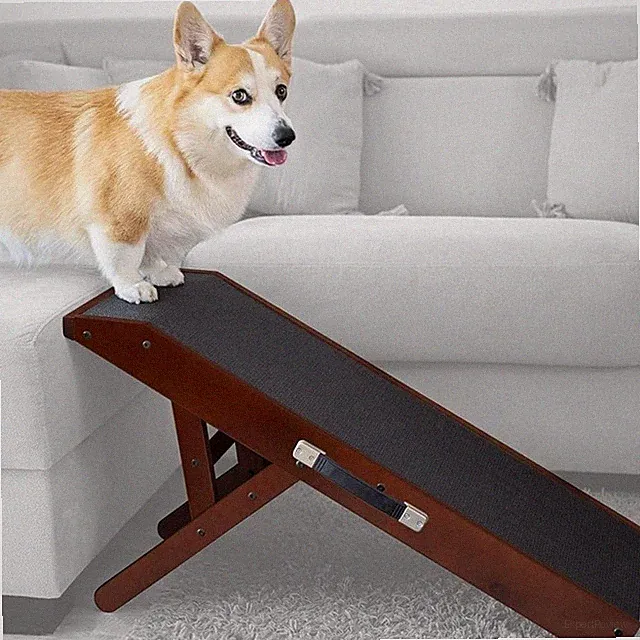 Dog Ramp Couch Bed Solid Birch Wood Adjustable Height Anti-Slip Rubber Surface