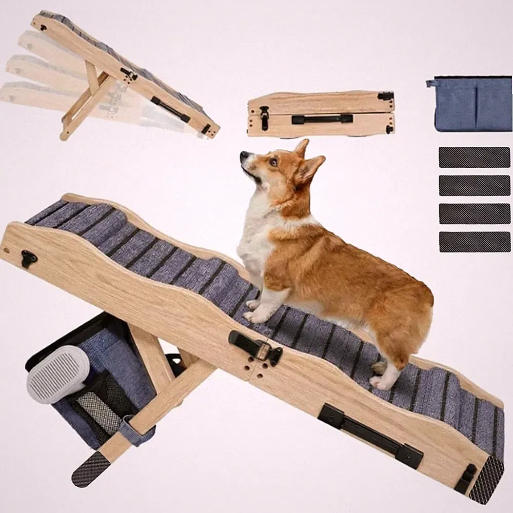 Dog Ramp for Couch & Low Bed 33in Folding Wood 200LB 4-Level Adjustable 11-20in