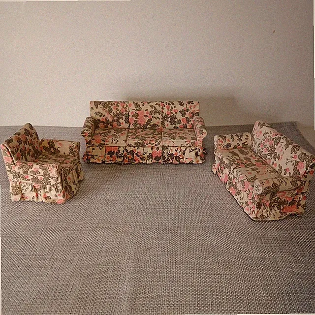 Doll House Miniatures Floral Upholstered Living Room Set Couch Loveseat Chair