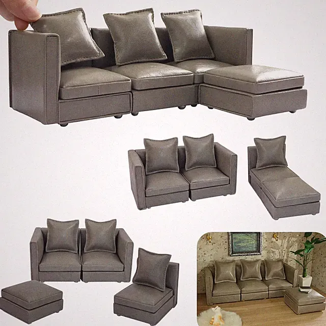 Dollhouse Furniture Sectional Dollhouse Couch Set Grey Faux Leather Sofa, Min...