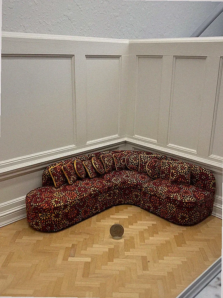 Dollhouse Miniature-Artist Signed Modern Curved Sectional Sofa & 12 Pillows-MCM