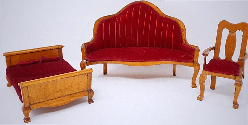 Dollhouse Red Victorian Parlor Sofa Bed and Chair Set Wood Miniature Vintage
