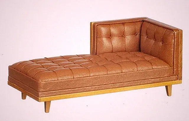 Dolls House Tan Leather Chaise Longue Mid Century Sectional Furniture JBM Walnut