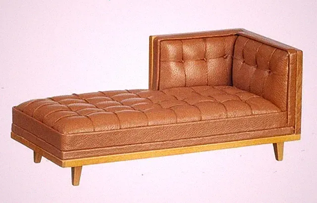 Dolls House Tan Leather Chaise Longue Mid Century Sectional Furniture JBM Walnut