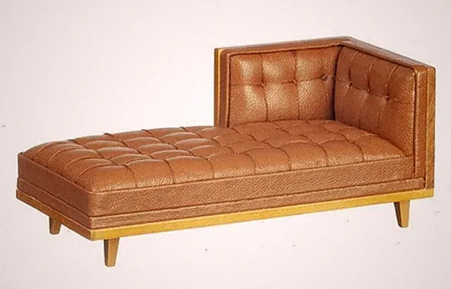Dolls House Tan Leather Chaise Longue Mid Century Sectional Furniture JBM Walnut