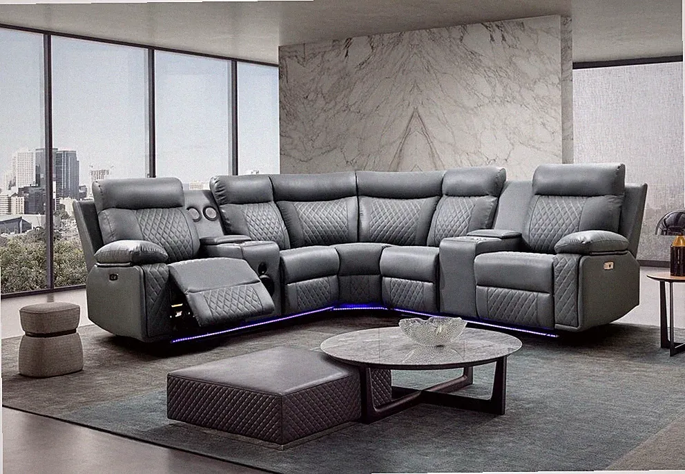 Dona Leather Modern L Shaped Sectional Sofa With LED Lighting Couch Gray