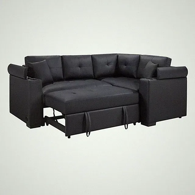 Donovan 84.5"W Black PVC Fabric Sleeper Sectional w/USB+Cupholders+Storage Arms