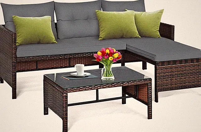 DORTALA Wicker Patio Furniture Set Couch 3 Piece, L-Shaped PE Rattan Outdoor Sec