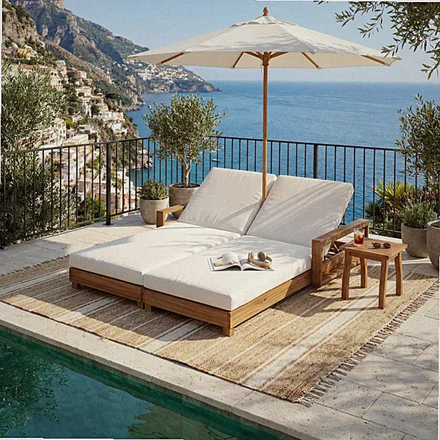 Double Acacia Wood Chaise Lounge Set with 2 Cream Cushions 800 LBS