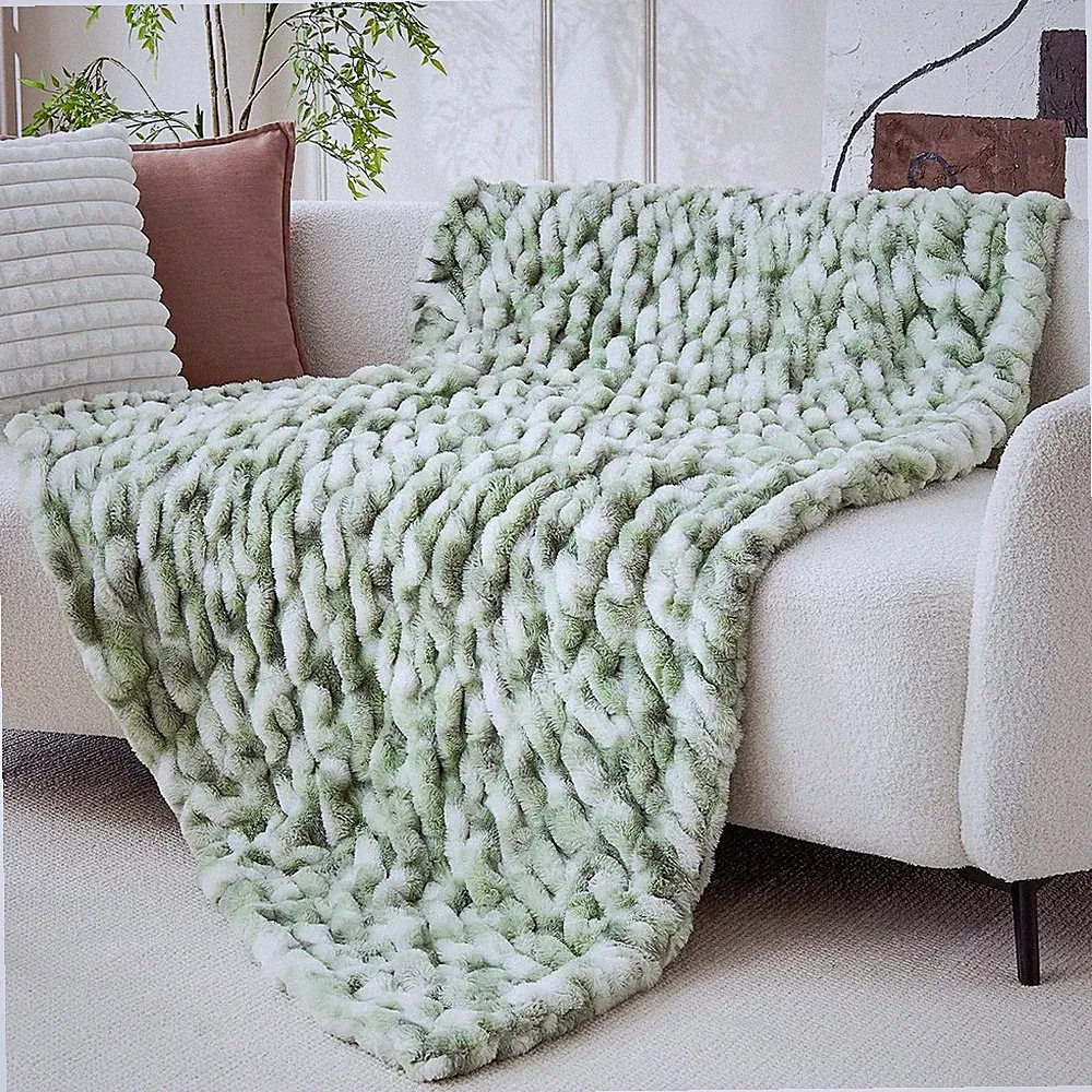 Double Sided Ruched Faux Rabbit Fur Blanket,50"X60",Tiedyesagegreen | 1000GSM Co