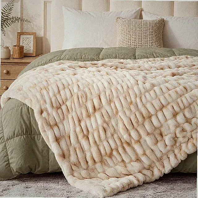 Double Sided Ruched Faux Rabbit Fur Throw Blanket,50X60 Caramelcream