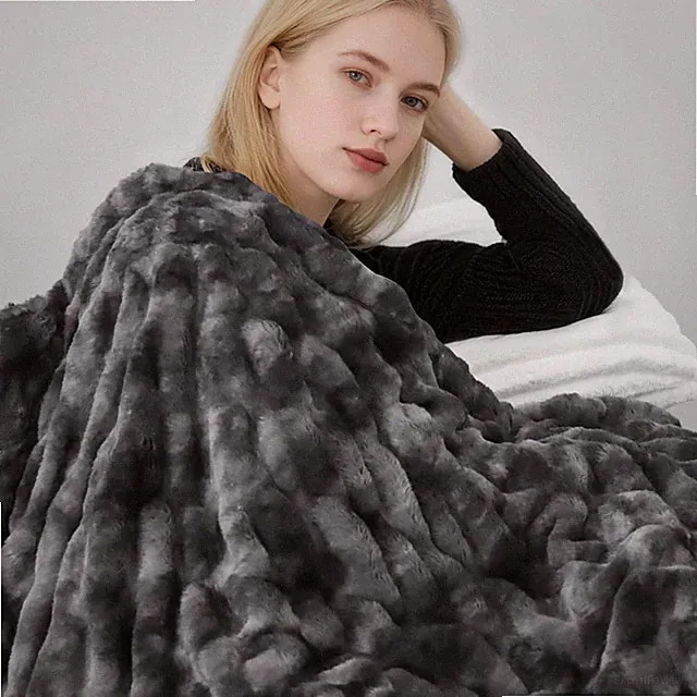 Double Sided Ruched Faux Rabbit Fur Throw Blanket for Couch, Ultra Soft Fluff...