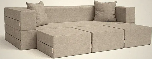 Dove Grey Zipline Convertible Sofa & 3 Ottomans - King Size Bed