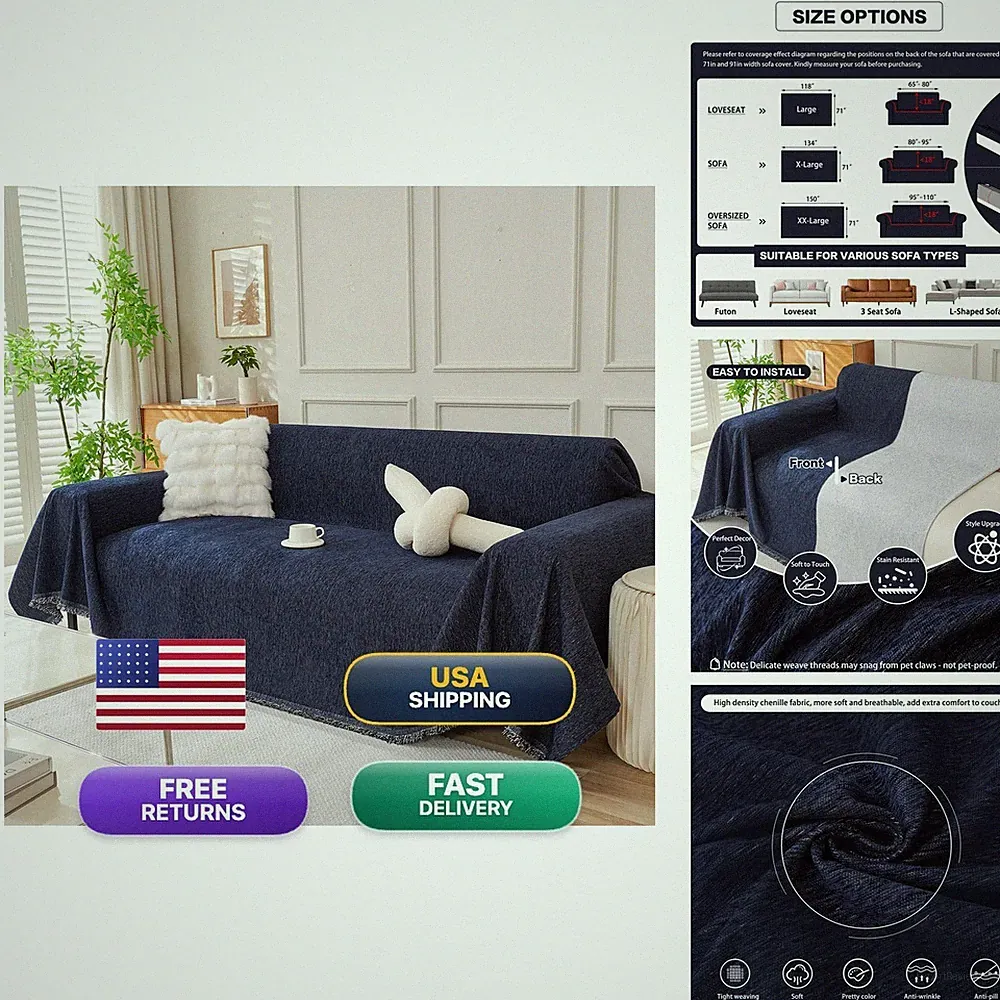 DREAMINGO Navy Blue Chenille Couch Cover 71x150 Inch for 3 Seater Sofa