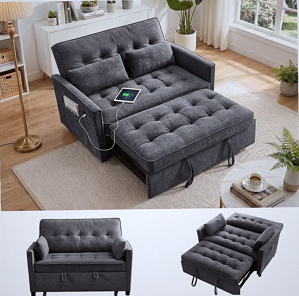 Dreamzie 55'' 3 in 1 Convertible Sofa Bed with USB Charging Ports, Pull Out Couc
