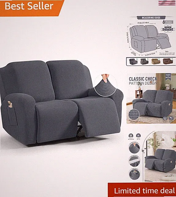Dual Recliner Slipcover Set - 6 Pieces, Stretch Fit, Machine Washable in Grey