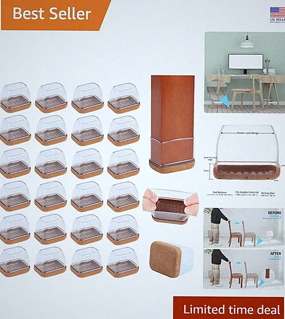 Durable 24PCS Rectangular Chair Leg Covers - Washable Silicone Furniture Pads