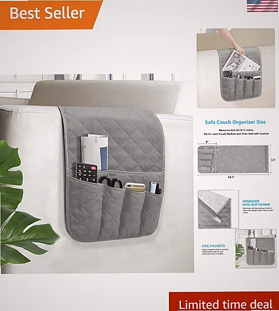 Durable 5 Pocket Sofa Armrest Organizer with Non-Slip Design - Grey Finish