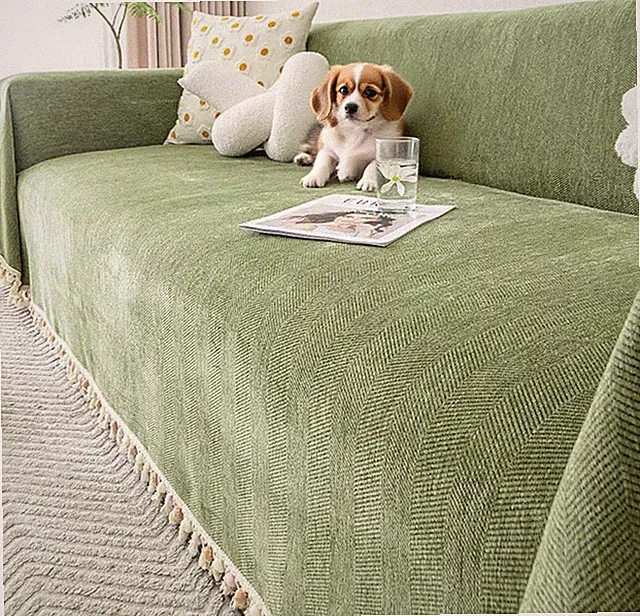 Durable Chenille Couch Cover with Fringe Anti-Slip Sofa Protector for Pets Kids