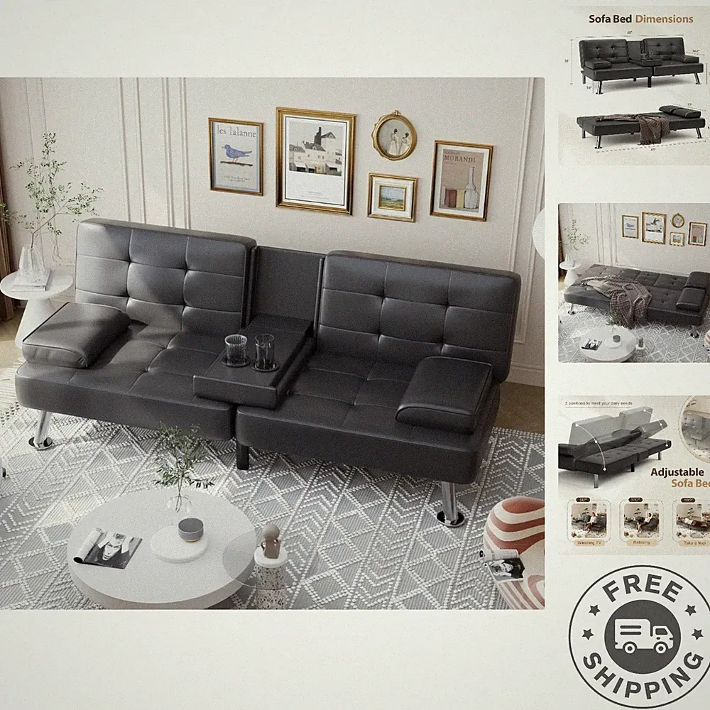 Durable Convertible Futon Sofa with Removable Armrests & 2 Drink Holders - Black