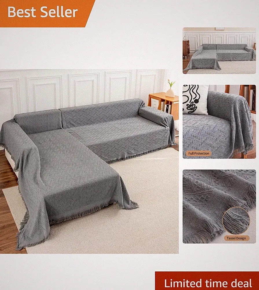 Durable Cotton Blend 2-Piece Dark Grey Sectional Sofa Covers - Easy Care