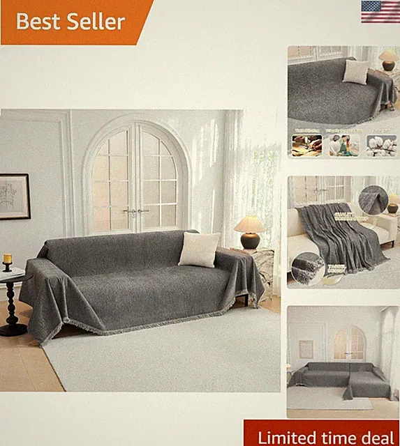 Durable Couch Cover for Dogs - Washable Chenille, Dark Grey, Easy to Install