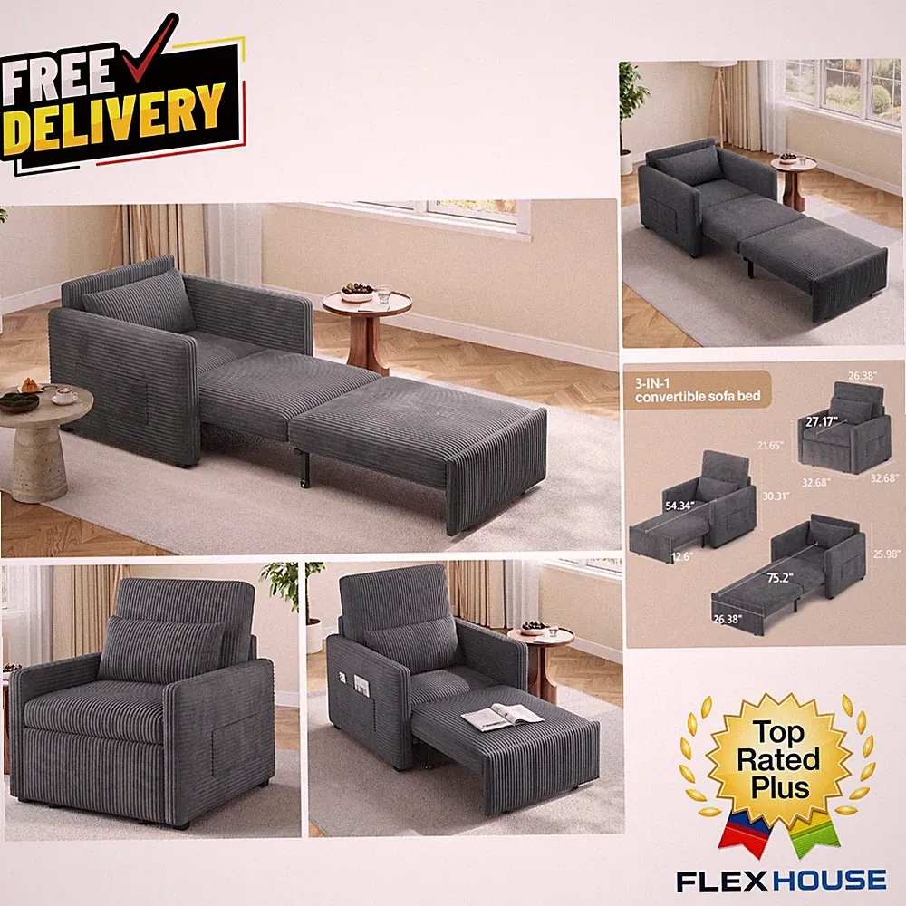 Durable Dark Gray Corduroy Convertible Sofa Bed - Easy Assembly & Chic Design