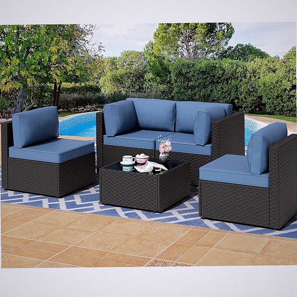 Durable Outdoor Sectional Sofa Set with Adjustable Feet & Elegant Glass Table