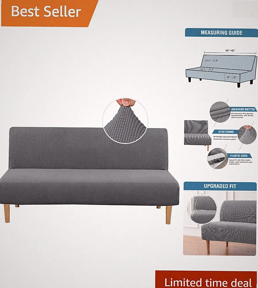 Durable Stretch Sofa Bed Slipcover - Gray Jacquard with Small Checks Pattern