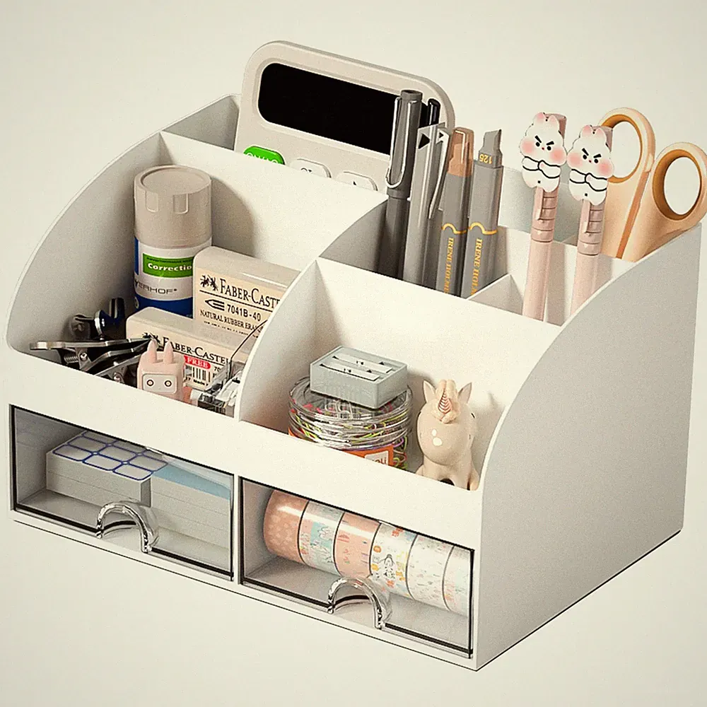 Durable White Desk Organizer with 6 Compartments & 2 Drawers for Office & Home