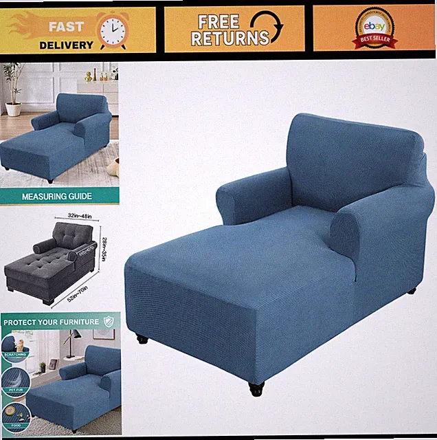 Dust Blue Small Check Fitted Chaise Lounge Cover - Stretch Armchair Protector